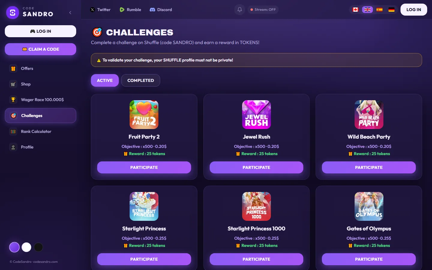 CODE SANDRO — Challenges
